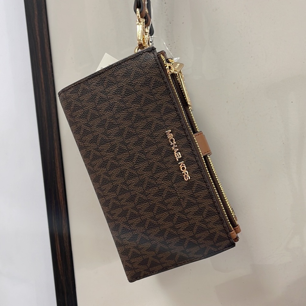 Michael Kors Jet Set Travel Large Double-Zip Wristlet-Wallet-PhoneHolder Brown